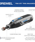 Side view of Dremel Lite 7760 cordless rotary tool with USB charging indicator and quick collet lock