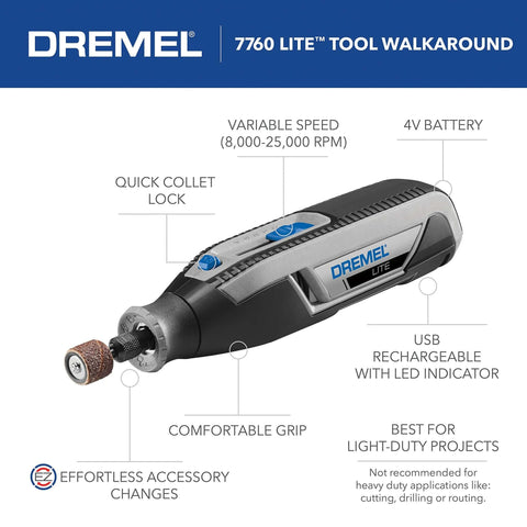 Side view of Dremel Lite 7760 cordless rotary tool with USB charging indicator and quick collet lock