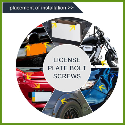 Placement of 20 Piece Aluminum Alloy License Plate Bolt Screw Nuts for car and bike on mudguards, bumpers, headlights, and frames.