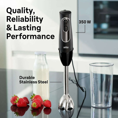 Game Changer 350 Watt Hand Blender With Beaker And Whisk Attachment Providing Dual Speed Control Splash Resistant Shaft Stainless Steel Blades For Smooth Purees on a kitchen counter with milk and strawberries