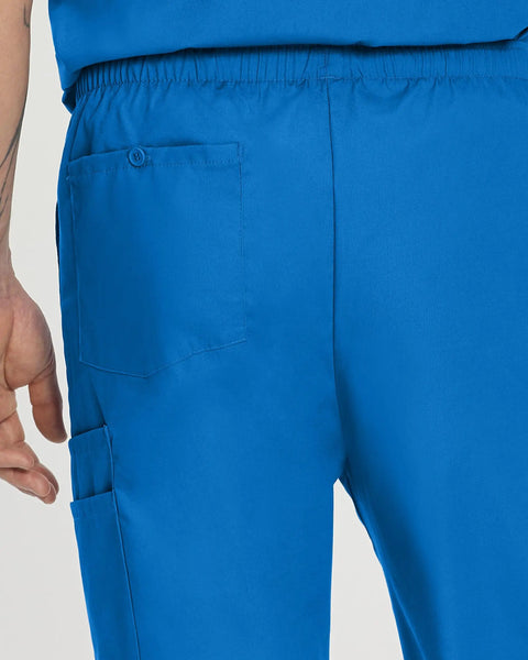 Back view of Relaxed Fit 7 Pocket Elastic Cargo Scrub Pants For Men With Stretch Waistband And Drawstring Durable Go To Workwear