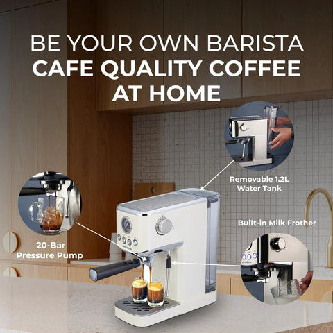 Game Changer 20 Bar Espresso Maker With Dependable Steam Wand And Silky Milk Frother For Brewing Hot Or Iced Coffee On The Regular Zero Hassle Cold Brew Mode Roomy Removable Water Tank And Polished Stainless Finish on kitchen counter.