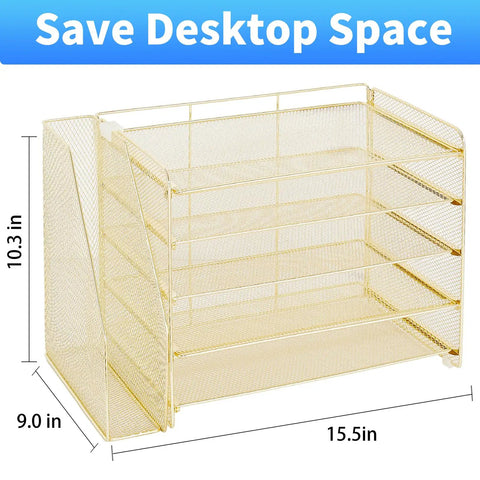 Five Tier Desk Organizer With Magazine Holder In Gold Finish Paper Tray And Letter Tray Desktop File Organizer With Measurements