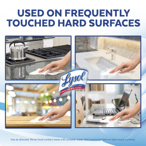 Disinfecting Wipes For Dorm Room Essentials Multi Surface Antibacterial Cleaning Wipes That Kill Ninety Nine Point Nine Percent Of Viruses And Bacteria COVID 19 Safe Crisp Linen Scent Eighty Count Quick Cleanup showing use on kitchen counters and electronics