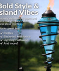 Two Pack Glass Patio Torch Set with blue glass vessels and metal casings, perfect for garden or backyard ambiance.