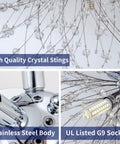 4 Light Crystal Sputnik Ceiling Fixture Chrome Finish Semi Flush Mount detail showing crystal strings and G9 socket.