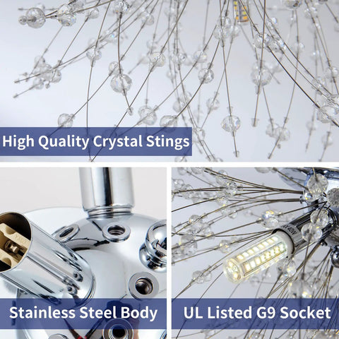 4 Light Crystal Sputnik Ceiling Fixture Chrome Finish Semi Flush Mount detail showing crystal strings and G9 socket.