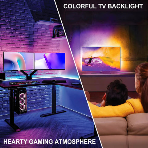 Dual monitor gaming setup and TV backlighting showcasing RGB Wall Washer Lights 42W RGBCW Smart App Controlled Waterproof LED Light Bar.