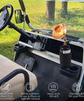 Outdoor Propane Golf Cart Heater 6200 BTU Portable Heater in cup holder of golf cart, heats up to 200 sq ft, safe for outdoor use.