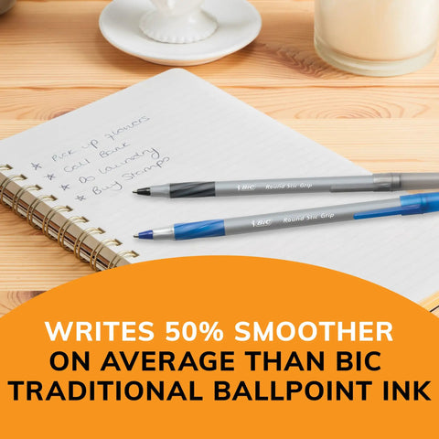 Round Stic Grip Xtra Comfort Fashion Ball Point Pen With Soft Grip For All Day Comfort And Smooth Writing 1.2mm Medium Point Great For Home School Office Purple Ink 12 Pack pens on notebook