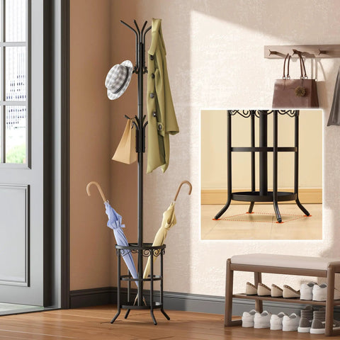 Black metal All In One Freestanding Coat Rack Stand With Built In Umbrella Holder And Hat Hanger 12 Hooks Space Saving Metal Organizer For Hallway