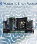 Unmanaged Industrial 16 Port Gigabit PoE Plus DIN Rail Switch For Rugged Networks Plug And Play Supporting 10 100 1000 Mbps Lifetime Protection NDAA Compliant TI PG160 displayed with shock-resistant features