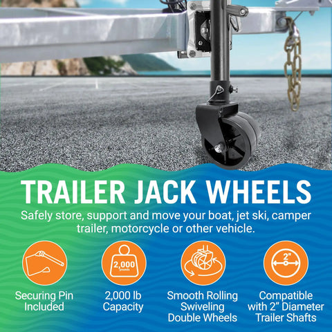 Built Tough Trailer Jack Wheel Replacement Kit 2000 Pound Capacity Two Wheels For Tongue Jacks Boat Camper Hitch And Car Hauler Trailers 360 Degree Swivel For Easy Repositioning And Locking Pin, installed on a trailer tongue.