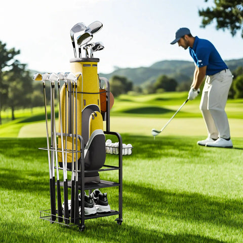 All In One Golf Bag Organizer With Wheels For Garage Storage Holds 1 Bag 8 Club Rack and golf course background