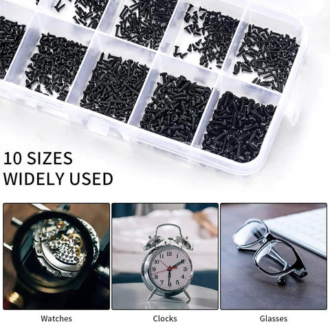 Hella Strong 1200 Piece Micro Tapping Screws Tight Cross Drive Threads Sleek Flat Heads in assorted sizes for watches and clocks.