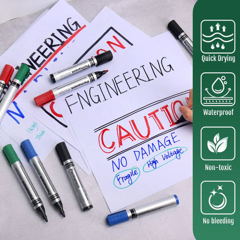 Heavy Duty Permanent Markers With Smooth Fine Tips In Bold Black Red Blue And Green on notes highlighting important information.