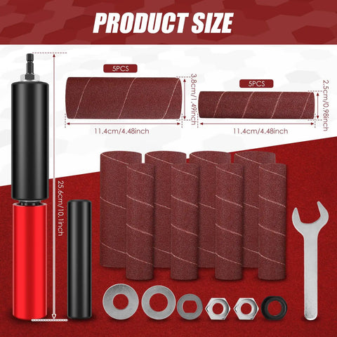 Handheld Spindle Sander Kit With 120 Grit Sandpaper Sleeves, Drill Powered Drum Adapter parts layout showing sizes and materials.