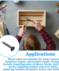 Heavy Steel Upholstery Carpet Tacks Bulk For Furniture Repair And Woodworking Knockout Durability With Blued Rust Resistant Finish Perfect For Stair Runners And Boot Sole Repair Solid As Rock seen in DIY furniture repair with a hammer.