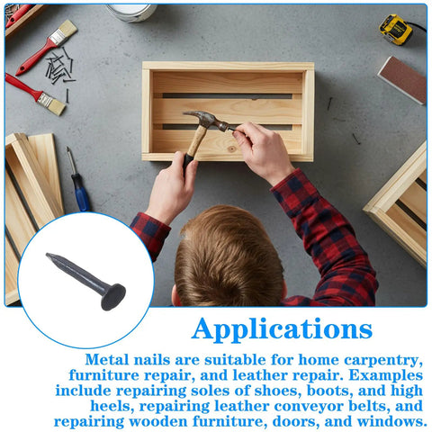 Heavy Steel Upholstery Carpet Tacks Bulk For Furniture Repair And Woodworking Knockout Durability With Blued Rust Resistant Finish Perfect For Stair Runners And Boot Sole Repair Solid As Rock seen in DIY furniture repair with a hammer.