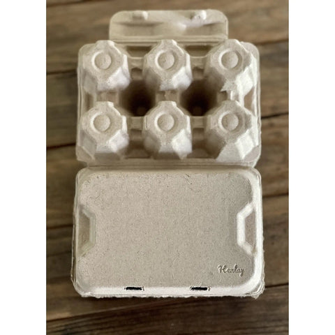 Six Jumbo Duck Egg Cartons Pack With Blank Top For Custom Labels Each Carton Holds Six Large Eggs Ideal For Farm Fresh Or Backyard Eggs Eco Friendly Paper Pulp 100 Pack with open carton showing compartments.