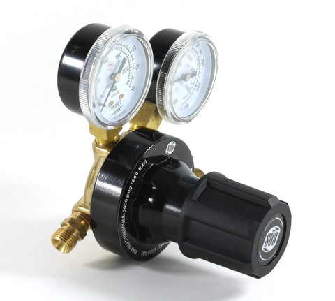 Angled front view of dual gauge inert gas regulator with brass body, chrome bezels, and black knob.
