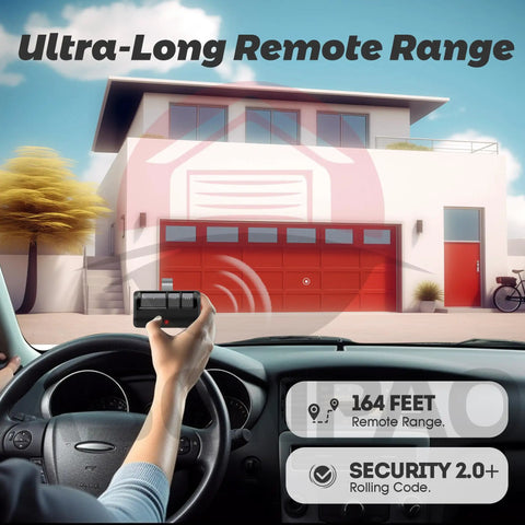 Universal Garage Door Opener Remote 2 Pack That Plays Nice With LiftMaster Chamberlain Sears Craftsman Genie Linear 893Max 893LM Learn Button Openers Since 1993 With Yellow Purple Red Orange Green Learn Buttons, shown with remote in car aimed at modern garage.