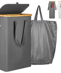 Slim Laundry Basket With Lid Collapsible Narrow Hamper With Removable Washable Bag Made Of Bamboo And Oxford Fabric 52L Gray