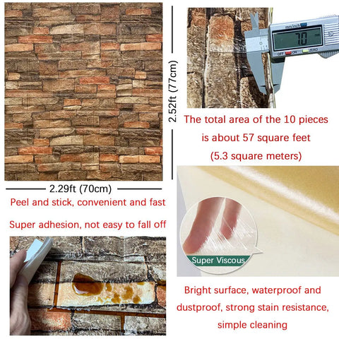 Peel and Stick 3D Faux Brick Wall Panels, Self Adhesive Foam Wallpaper, Antique Look, 7mm Thick, 10 Pack Covering 57 Sq Ft, Easy Cut