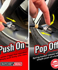 Quick Connect Tire Valve Chuck With RatchetSeal Technology for inflators, showing push-on and pop-off demonstration on tire