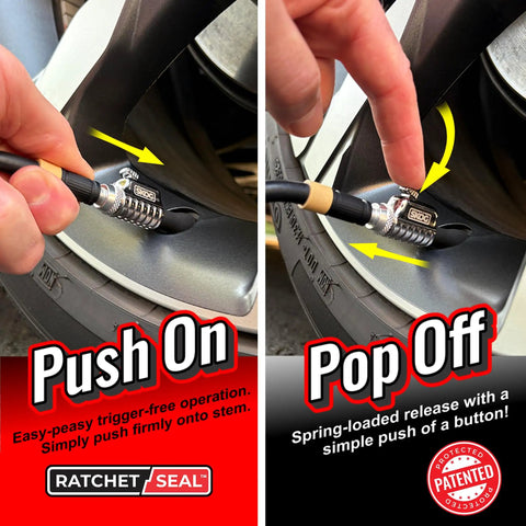 Quick Connect Tire Valve Chuck With RatchetSeal Technology for inflators, showing push-on and pop-off demonstration on tire
