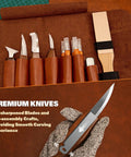 All In One Wood Carving Set For Beginners 32 Piece Toolkit With Whittling Knives and Storage Bag displayed on a table