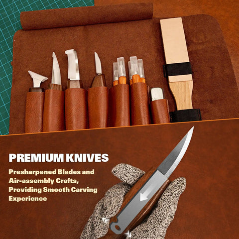 All In One Wood Carving Set For Beginners 32 Piece Toolkit With Whittling Knives and Storage Bag displayed on a table