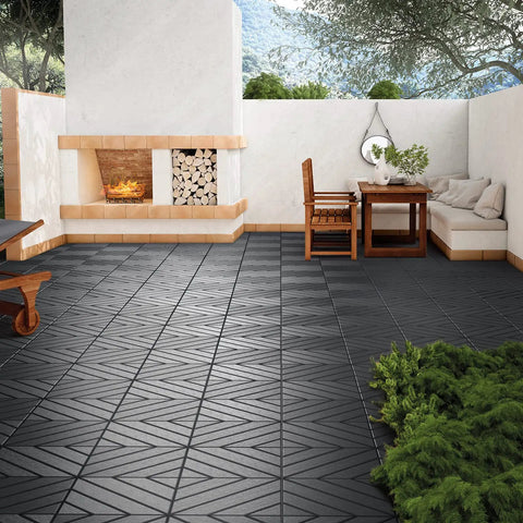 Interlocking 12x12 Outdoor Deck Tiles 9 Pack DIY Friendly Heavy Duty Plastic Patio Pavers With Drainage Waterproof Non Slip Snap Together Flooring For Balcony Poolside Garage Dark Grey installed on patio