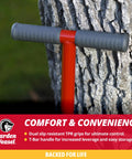 Claw Pro 3 In 1 Hand Tiller T-Bar handle with TPR grips for comfort and control, shown leaning against a tree.