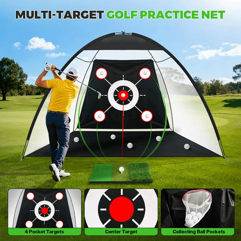 All In One Golf Practice Net Set 10 By 7 Foot With Tri Turf Mat, Five Balls, Target Pockets shown in outdoor setup for swing training