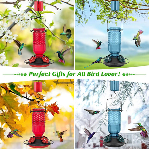Glass Hummingbird Feeder With Ant Moat And Bee Proof Ports 16 Oz Outdoor Hanging Bird Feeder With 360 Degree Perch
