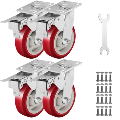 Solid As A Rock Six Inch Polyurethane Caster Wheels Rolling Smooth As Butter With Quiet 360 Degree Swivel Action For Effortless Glide On Hard Floors Heavy Duty Four Pack including four red wheels with mounting hardware.