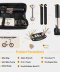 On The Go 33 Piece Bike Repair Kit With Mini Pump And 16 In 1 Multitool, featuring Allen wrenches, patch box, and repair bag.