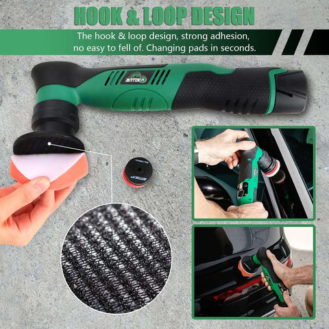 Cordless Car Buffer Polisher Kit With Dual Action And Rotary Modes, 1 Inch And 3 Inch Heads, shown with hook & loop design