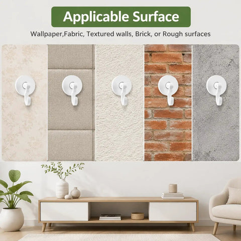 360 Degree Swivel Adhesive Wall And Ceiling Hooks, Heavy Duty No Drill Hanging Clips on various surfaces like brick, textured walls, and wallpaper.