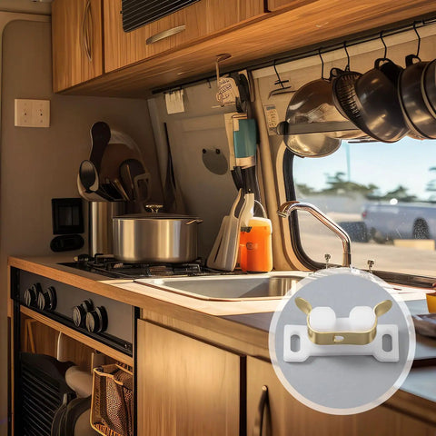 Modern RV kitchen with focus on 10 Pack RV Cabinet Latch Barrel Catches With Metal Clips And Screws, showcasing installation.