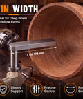 Solid As A Rock Seven Inch Stainless Steel Wood Lathe Tool Rest for Bowl Hollowing on lathe, showing deep bowl hollowing setup.
