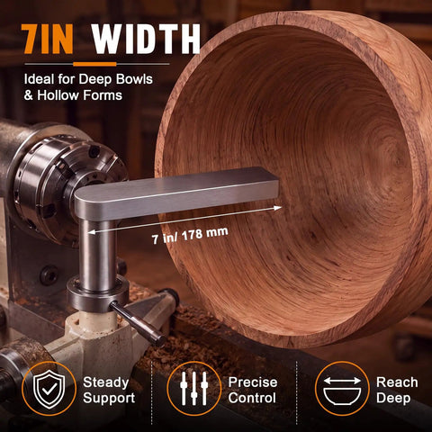 Solid As A Rock Seven Inch Stainless Steel Wood Lathe Tool Rest for Bowl Hollowing on lathe, showing deep bowl hollowing setup.