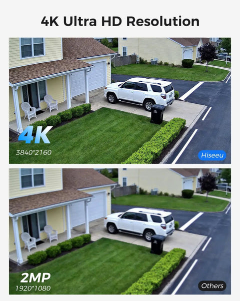 4K Ultra HD Security Camera System With 10 Inch Touch Screen NVR And Four 8MP Outdoor Cameras, showing resolution comparison