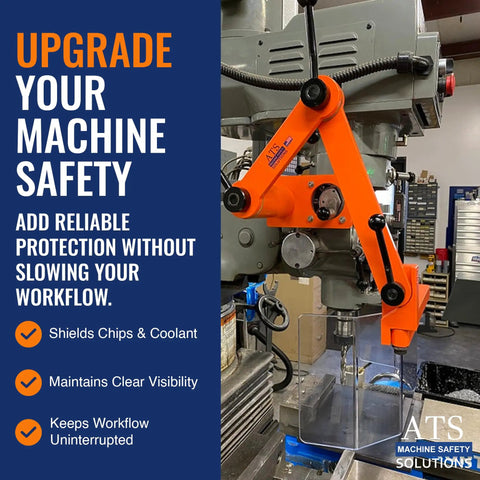 Milling Machine Guard For Manual Mills OSHA Compliant Head Mount Shield made with Lexan and aluminum, installed on mill