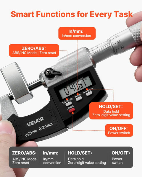 Digital Outside Micrometer Set 0-1 Inch Range With LCD Screen 0.00005 Inch Resolution 0.0001 Inch Accuracy In mm Switch Carbide