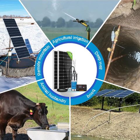 Image of 12V DC Solar Well Pump Kit With 200W Panel Included Submersible Water Pump For Off Grid Wells Deep Wells Garden Irrigation Remote Tank Filling And Portable Water Supply showing applications in agriculture and remote locations.
