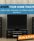 Home theater setup with Powerhouse 2 Channel 2000W Professional Amplifier for DJ PA System and speakers.