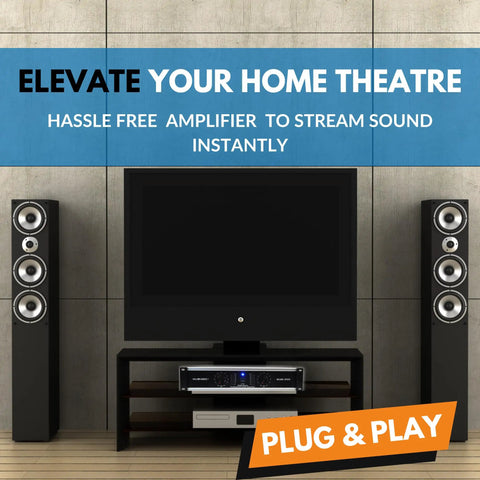 Home theater setup with Powerhouse 2 Channel 2000W Professional Amplifier for DJ PA System and speakers.