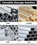 Image showing pipes, lumber, PVC, and bars for storage with text 'Versatile Storage Solution' emphasizing multi-purpose use.